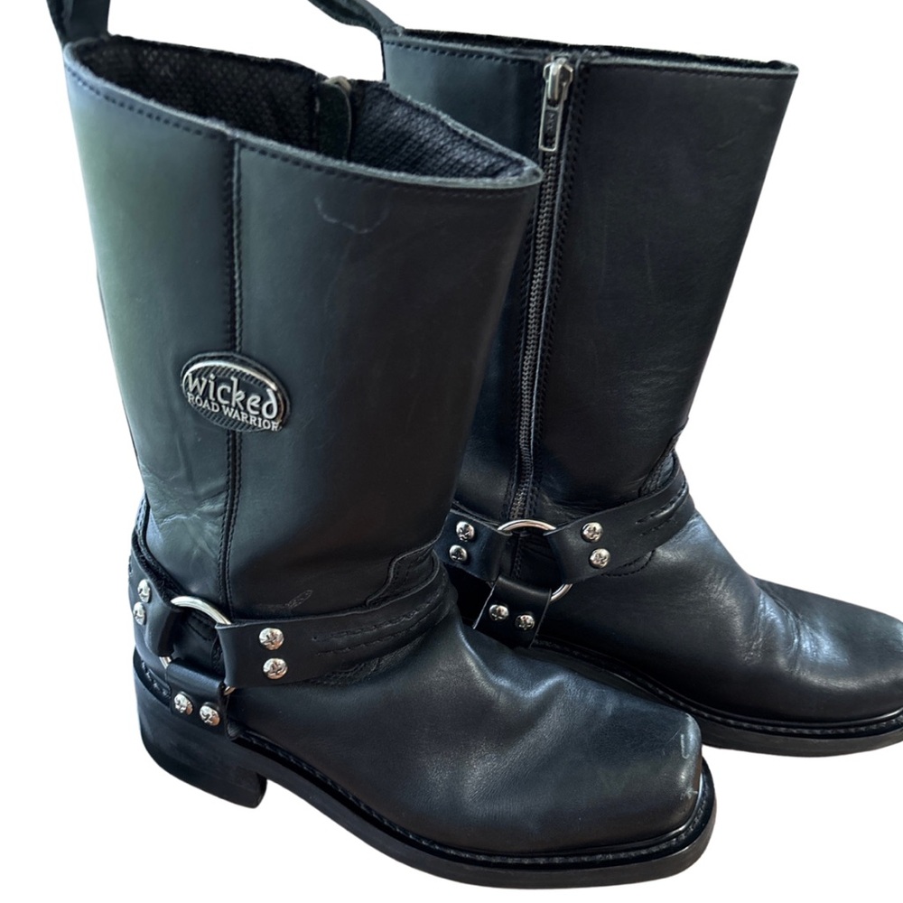 🍁Wicked Road Warrior Texas Black Leather Mid Calf Zip Up Biker Boots Homber Sz9 - Picture 1 of 8
